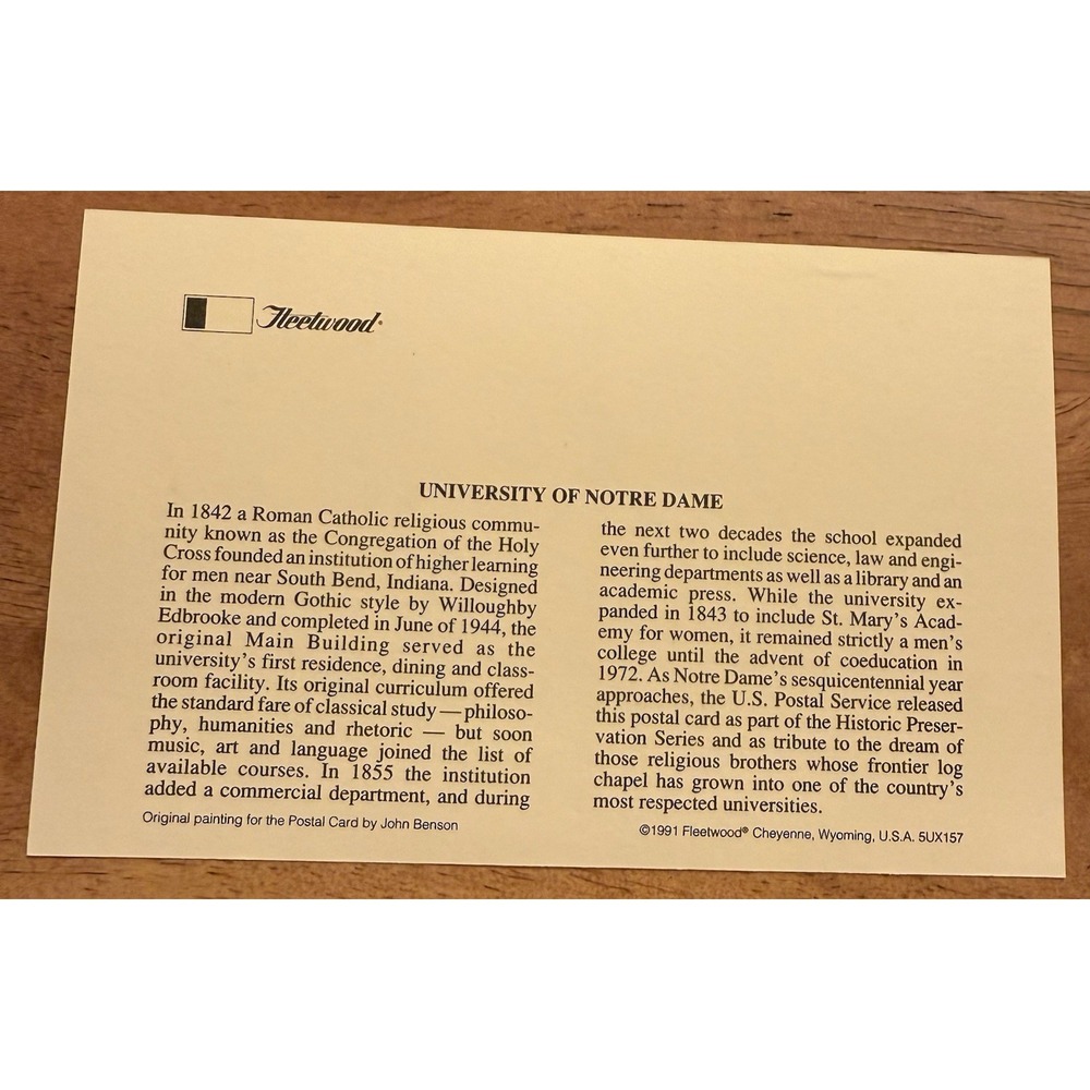 FDC University Notre Dame 1991 #UX157 US Post Card FLEETWOOD CACHET - Picture 2 of 2